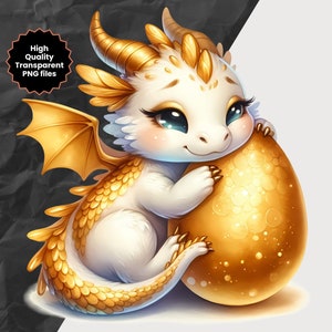 Aquarell Baby Drache Clipart, Weiß Goldener Drache Fantasy Clipart, PNG Süßer Drache Clipart, transparenter Hintergrund PNG und kommerzielle Nutzung