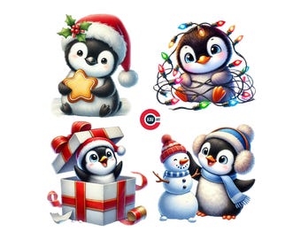 Watercolor Christmas Penguin Clipart, Winter Graphics (Digital Download)