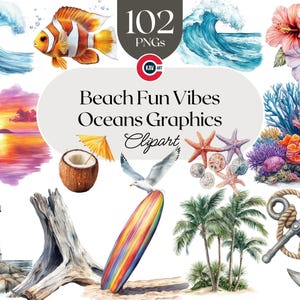 Beach Vibes Clipart: Palm Trees, Surfboard, Sunset (PNG Digital Download)