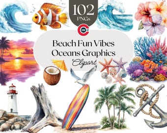 Beach Vibes Clipart: Palm Trees, Surfboard, Sunset (PNG Digital Download)
