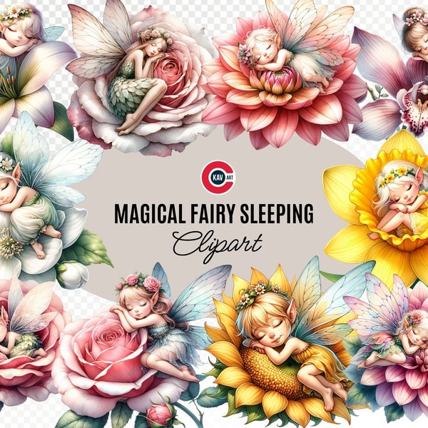 Magical fairy with flower clipart, Cute fairy sleeping watercolor clipart, Wishmecle fairy clipart, Transparent background, Commercial use