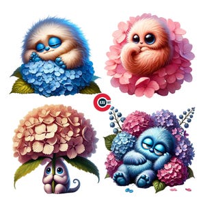 Niedliches Baby Monster, lustiges Monster, spielerisches lustiges Monster, süßes Monster mit Blumen, schläfriges Monster, Junk Journals, Scrapbooking, Sublimation
