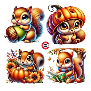 Clipart écureuil, écureuil mignon avec fleurs d'automne et glands, écureuil mignon feuilles d'automne, carnets de bord, scrapbooking et sublimation