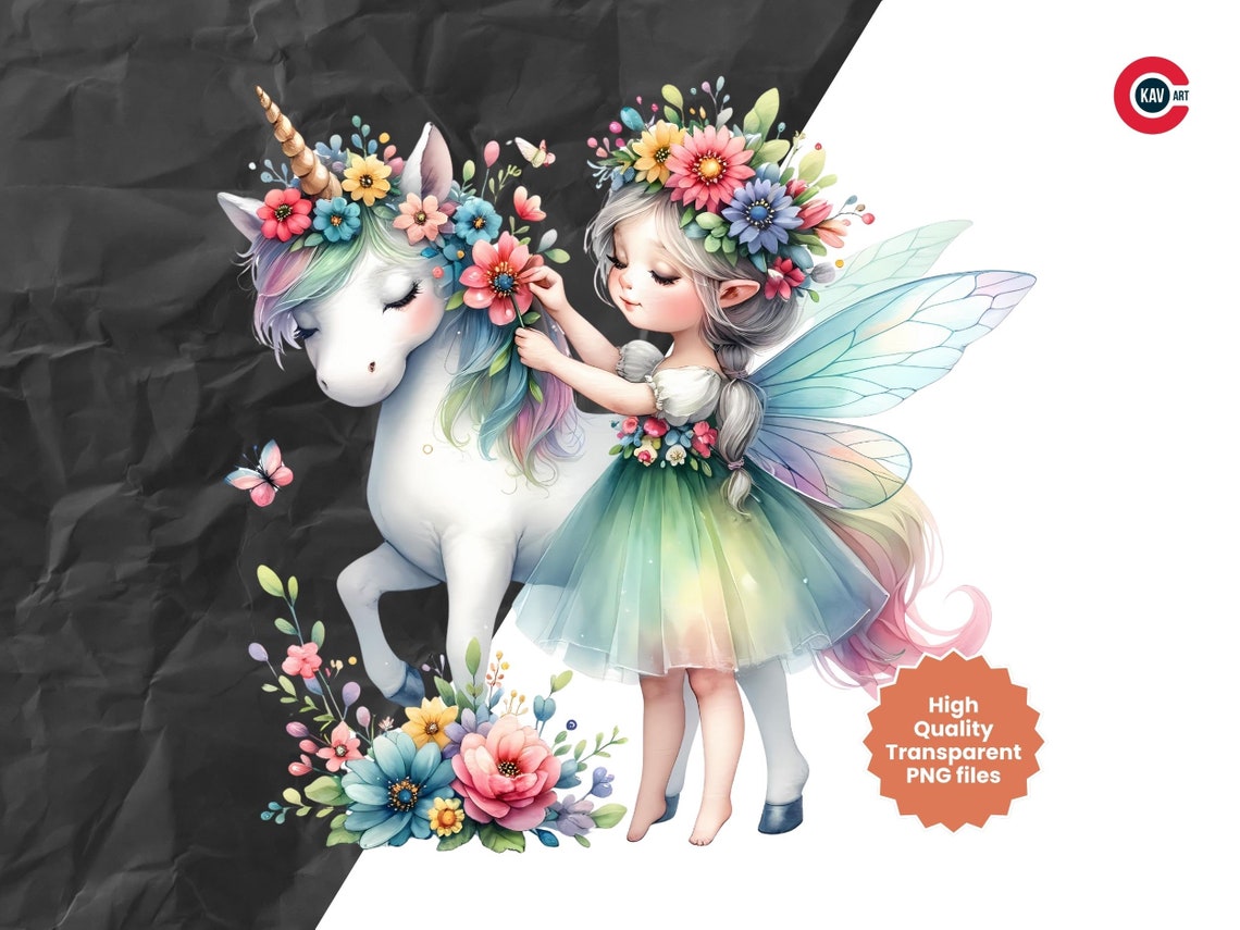 Watercolor Fairy Unicorn Clipart: Floral PNG Graphics (commercial Use ...
