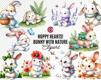 Watercolor Bunny Clipart Bundle: Playful Spring Nursery PNG (Digital Download)