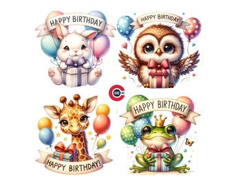 Clipart anniversaire animal, bannière de fête, ballons (PNG)