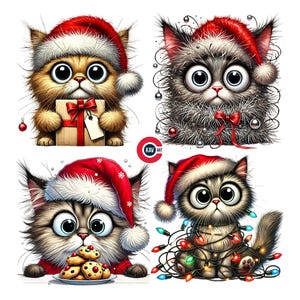 Schrullige Katze Clipart, niedliche lustige schrullige Katze mit Weihnachtsdekorationen, lustige verrückte Ausdrucks-Katze, Junk-Journal, Scrapbooking und Sublimation