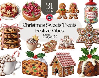 May include: A collection of Christmas-themed clipart featuring various sweets and treats. The image includes gingerbread cookies, a star-shaped cookie, a gingerbread house, a jar of cookies, a fruitcake, and a cup of hot chocolate. The text "Christmas Sweets Treats Festive Vibes Clipart" is also present.