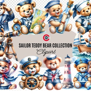 Clipart collection Sailor Teddy Bear, Ours en peluche avec une casquette de capitaine, Sailor Teddy Bear pêchant sur un bateau, Fond transparent