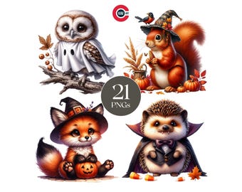 Halloween Woodland Animals Clipart, Spooky Autumn PNGs (Digital Download)
