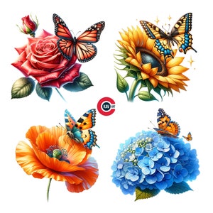 Clipart Flores com Borboleta, Clipart Floral, Floral com Borboleta, Flores, Borboleta, Junk Journal, Scrapbooking e Sublimação