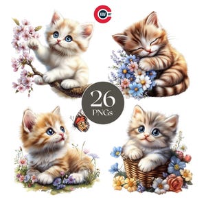 Kätzchen Clipart, süßes Baby Kätzchen mit Blumen, süße Baby-Tiere, süße Baby Katze Spaß, transparente PNG, Scrapbooking und Sublimation