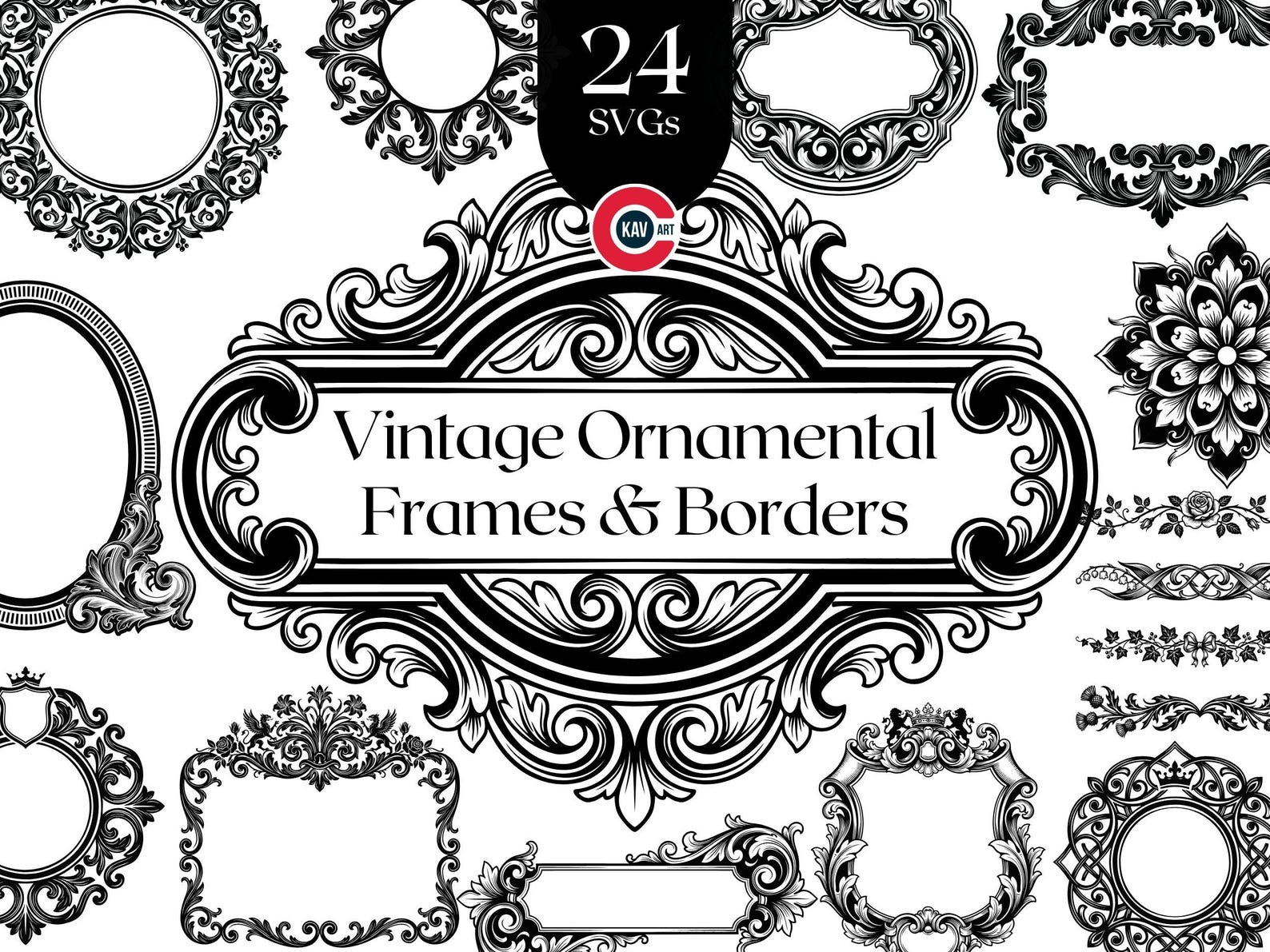 Vintage Frames and Borders SVG Bundle, Ornamental Clip Art (digital ...