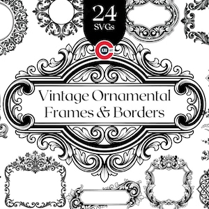May include: Black and white digital illustrations of vintage ornamental frames and borders. The image includes various ornate designs, such as circular, oval, and rectangular frames, along with floral and scrollwork elements. The text "Vintage Ornamental Frames & Borders" is displayed.