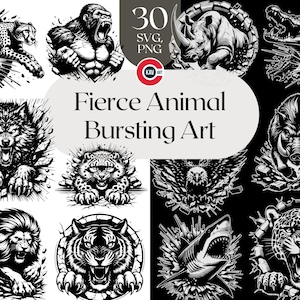 Puede incluir: Ilustraciones en blanco y negro de varios animales rompiendo una superficie. Incluye un guepardo, gorila, rinoceronte, cocodrilo, lobo, leopardo, águila, jabalí, león, tigre y tiburón. Texto: "Fierce Animal Bursting Art".