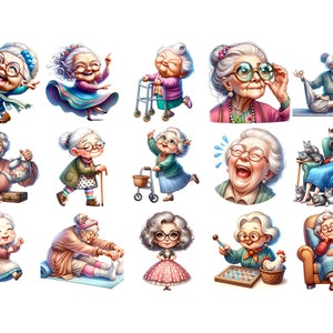 May include: A collection of 12 illustrations featuring various senior women in different activities, including reading, gardening, exercising, and relaxing. The illustrations are colourful and whimsical, with a variety of clothing and accessories.