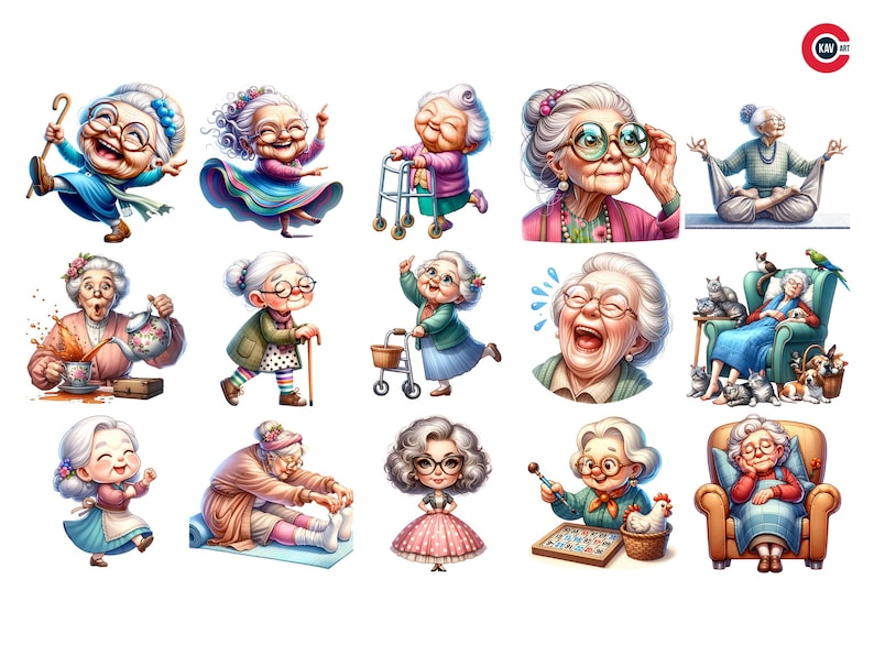 May include: A collection of 12 illustrations featuring various senior women in different activities, including reading, gardening, exercising, and relaxing. The illustrations are colourful and whimsical, with a variety of clothing and accessories.