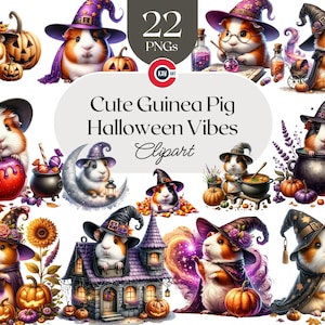 May include: Digital clipart set featuring guinea pigs dressed in witch hats and capes, surrounded by pumpkins, potion bottles, and other Halloween-themed elements. The text reads "Cute Guinea Pig Halloween Vibes Clipart."