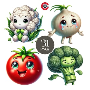 Bundle de cliparts PNG de légumes, personnages végétariens mignons, émoticônes de légumes drôles, téléchargement numérique pour le scrapbooking, impressions de chambre d'enfant, sublimation