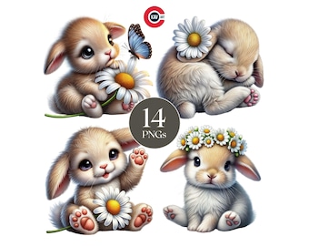 Bunny Clipart Bundle, Spring Flowers PNG (Digital Download)