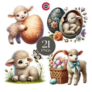 Easter Lamb Clipart: Baby Animal PNG, Floral Egg (Digital Download)