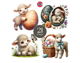 Clipart di agnello pasquale: cucciolo di animale PNG, uovo floreale (download digitale)