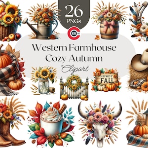 Clipartbundel westerse herfst: boerderijpompoenen, zonnebloemen (PNG)