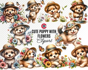 May include: Eight digital illustrations of cute puppies wearing straw hats with flowers. The puppies are brown and white with big brown eyes. The flowers are pink, yellow, and blue.