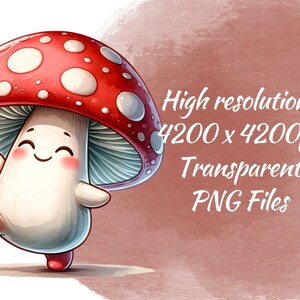 Peut inclure: Une illustration de dessin anim&eacute; d'un champignon rouge et blanc avec un visage souriant. Le champignon est debout sur deux jambes et a un corps blanc.