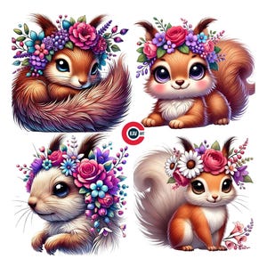 Clipart écureuil, clipart écureuil floral, clipart écureuil de printemps, écureuil mignon avec des fleurs, journaux indésirables, scrapbooking et sublimation