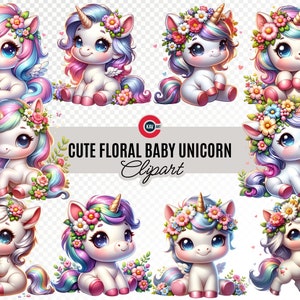 Collectie aquarel schattige baby eenhoorn, bloemen baby eenhoorn, schattige baby eenhoorn met bloem clipart, magische eenhoorn-clipart, transparante png