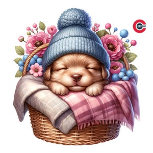 Cucciolo carino in cesto di fiori Clipart Cesto di fiori con cagnolino Clipart Cagnolino con fiori, cesto di fiori Scrapbooking e sublimazione