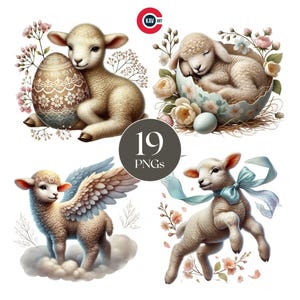 Easter Lamb Clipart: Baby Animal PNG, Floral Egg (Digital Download)