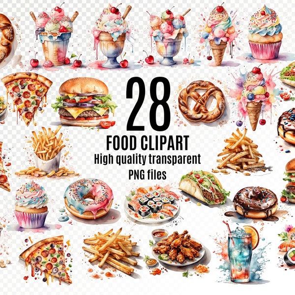 Fast food Clipart, Watercolor Food Clipart, 28 High-Quality Transparent PNGs, Scrapbooks, Snack stickers, Digital Download, menu printable