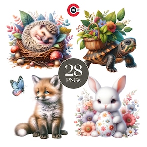 Clipart animal de printemps mignon, lapin mignon, bébé cerf, renard mignon, cerf mignon, tortue mignonne, écureuil mignon, animaux mignons, PNG pour sublimation
