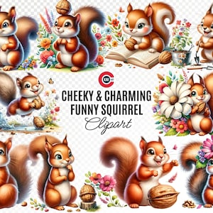 Pacote de clipart de aquarela de esquilo engraçado, animais da floresta brincalhões para artesanato e convites DIY, clipart PNG