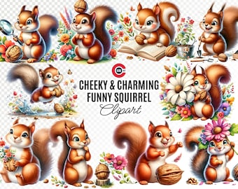 Funny Squirrel Watercolor Clipart Bundle, Playful Forest Animals for DIY Crafts & Invitations, PNG Clipart