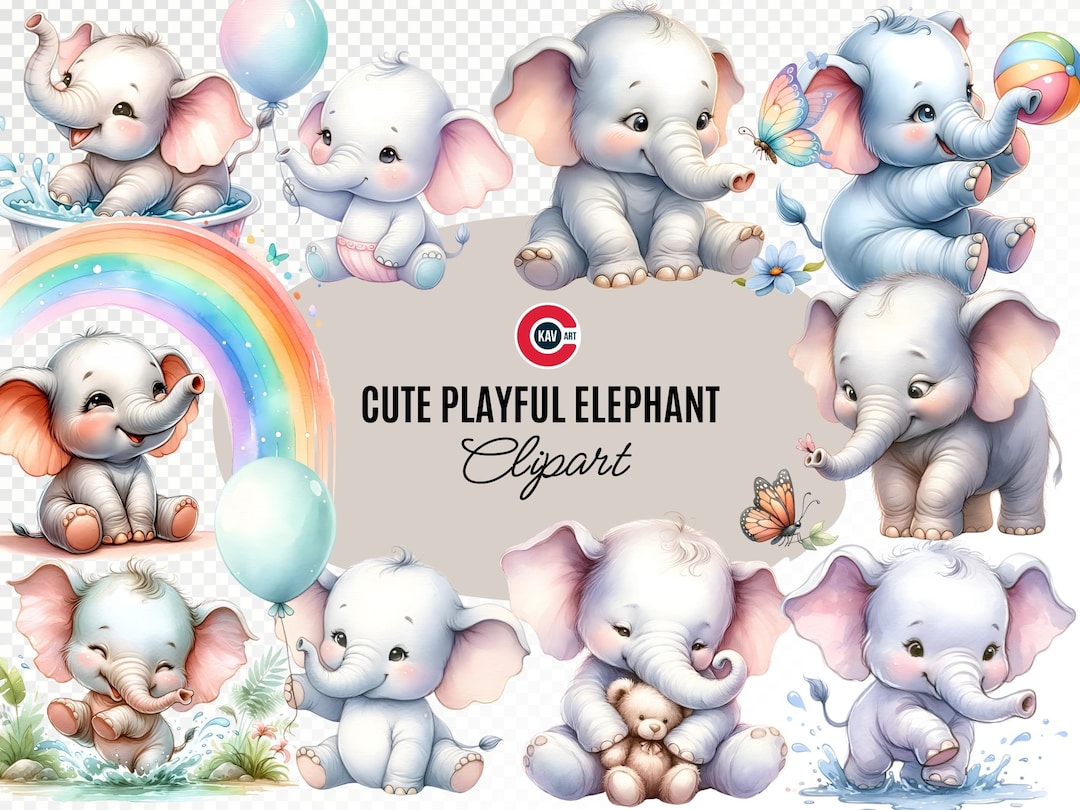 Watercolor Baby Elephant Clipart: Nursery Decor (PNG, Commercial Use ...