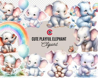 Cute elephant fun watercolor clipart, Cute baby elephant clipart, Playful baby elephant, Nursery Decor, Transparent PNG, Commercial use