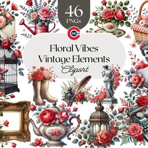 Clipart acquerello con vibrazioni vintage floreali, elementi floreali rossi, tazza da tè floreale, statua floreale, lanterna, PNG, scrapbooking e sublimazione