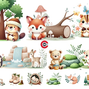 Clipart aquarelle animaux de la forêt, animaux de la forêt, décoration de chambre d'enfant, ours, renard, hibou, hérisson, lapin, cerf, scrapbooking et sublimation