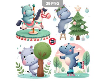 Adorable Hippo Clipart Bundle, Nursery Animals (Digital Download)