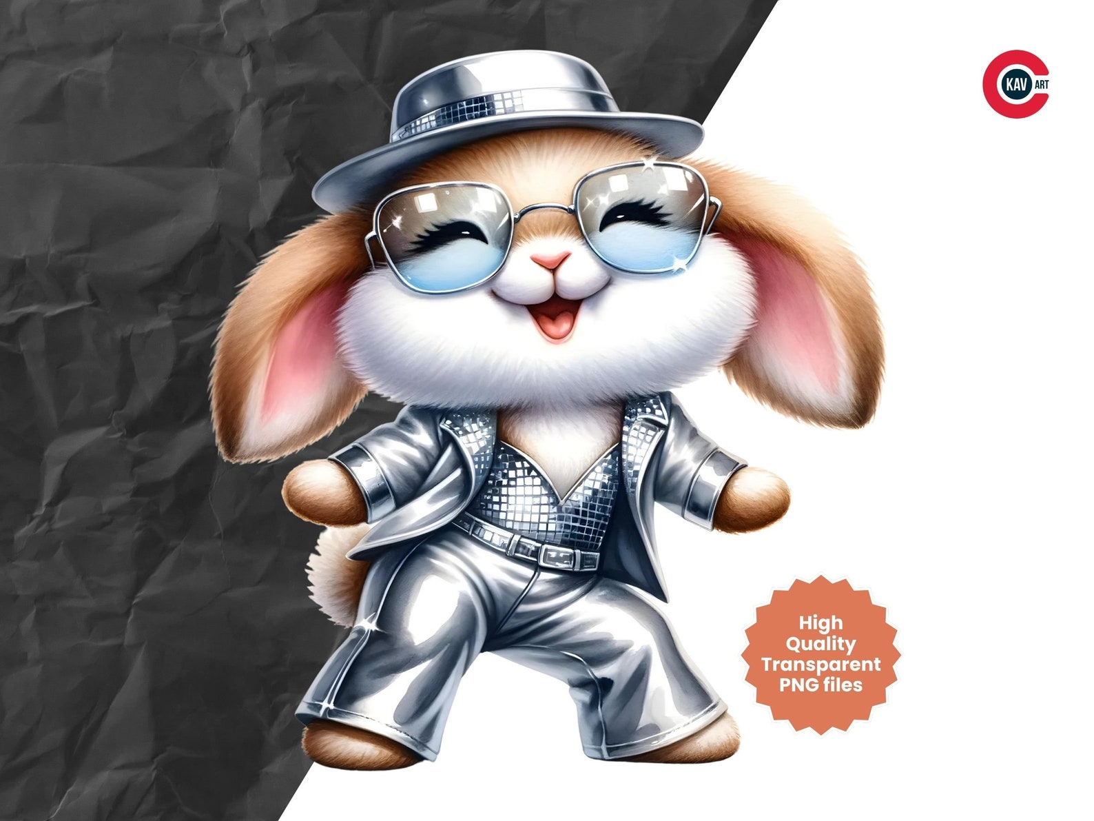70s Cartoon Rabbit Bunny Disco Dance Watercolor Clipart: 70s Outfit (PNG, Commercial Use ...