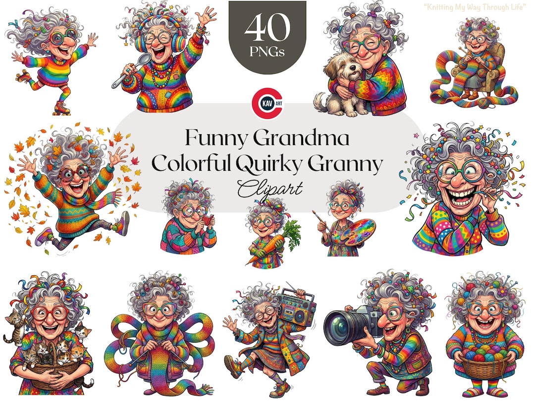 Funny Grandma Clipart Bundle – Colorful Quirky Granny Characters (PNG ...