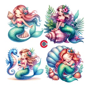 Mermaid Clipart, Cute Mermaid with Seashell Clipart, Kids Mermaid Clipart, Underwater Clipart, Junk Journals, Scrapbooking and Sublimation