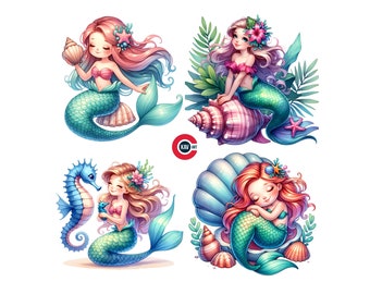 Mermaid Clipart, Seashell PNG Graphics (Digital Download)