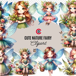 Fée avec des fleurs clipart aquarelle, fée de la nature, clipart fée nature magique, clipart fée espiègle, clipart fantaisie, décoration de chambre d'enfant