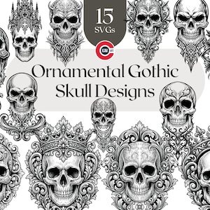 May include: A collection of 15 ornamental gothic skull designs in black and white. The skulls feature intricate details and are surrounded by ornate floral and architectural elements. The text "Ornamental Gothic Skull Designs" is displayed.