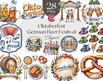 オクトーバーフェストのクリップアートバンドル、ドイツのビール祭りの透明PNG、素朴なバイエルン地方の昇華転写とPODデザイン