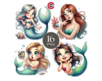 Watercolor Mermaid Clipart Bundle, Nursery Decor (Digital Download)